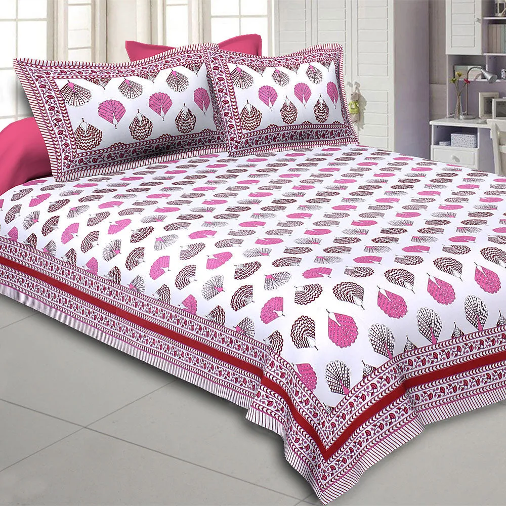 Jaipur Fabric Peacock Feather Designer Cotton Double Bedsheet Pink