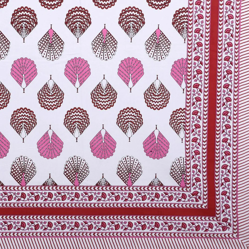 Jaipur Fabric Peacock Feather Designer Cotton Double Bedsheet Pink