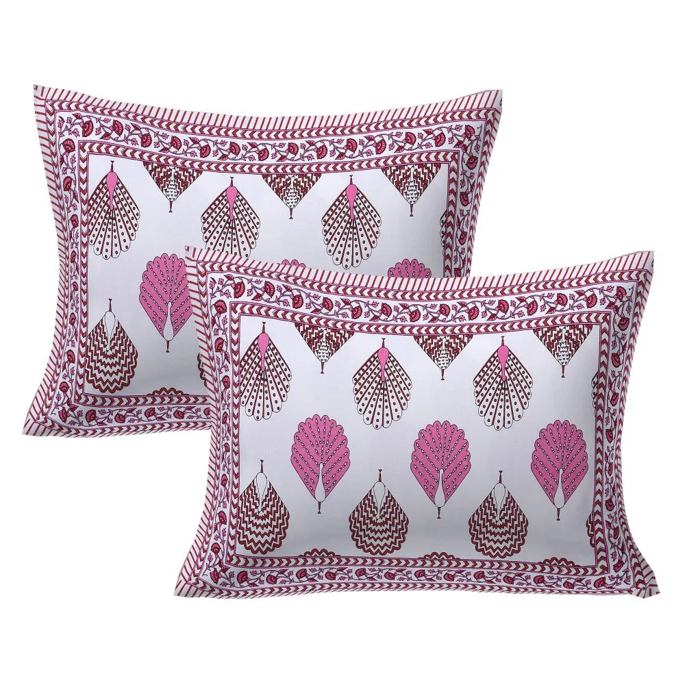 Jaipur Fabric Peacock Feather Designer Cotton Double Bedsheet Pink