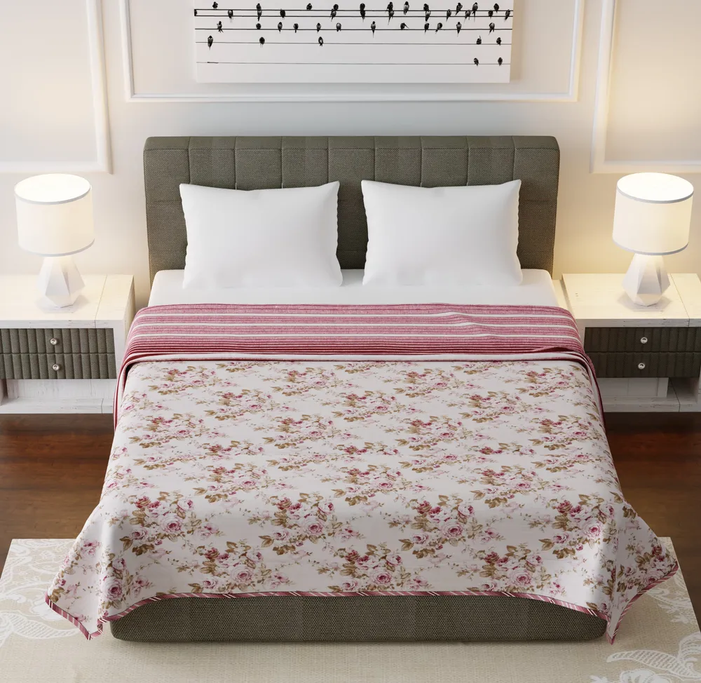 Jaipur Fabric Pink Flowers Pure Cotton Reversible Double Bed Summer Blanket