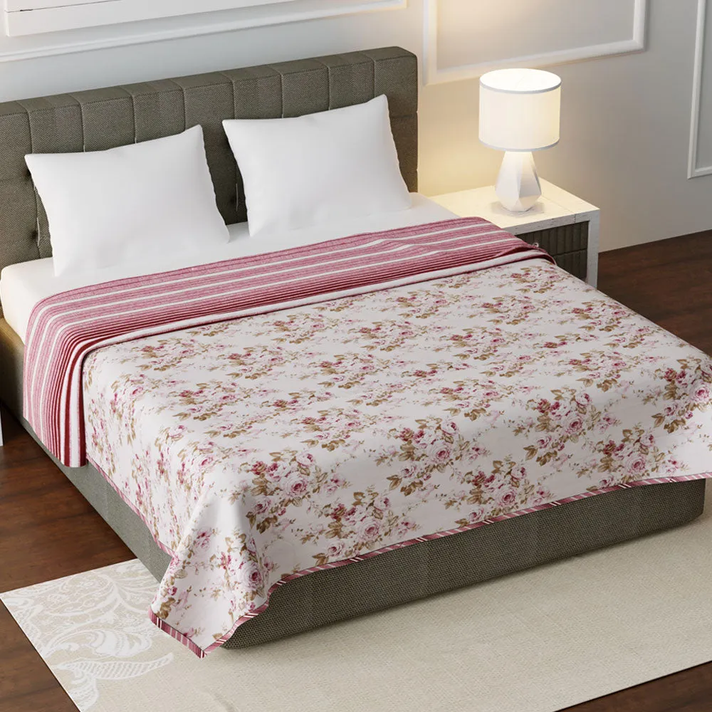 Jaipur Fabric Pink Flowers Pure Cotton Reversible Double Bed Summer Blanket