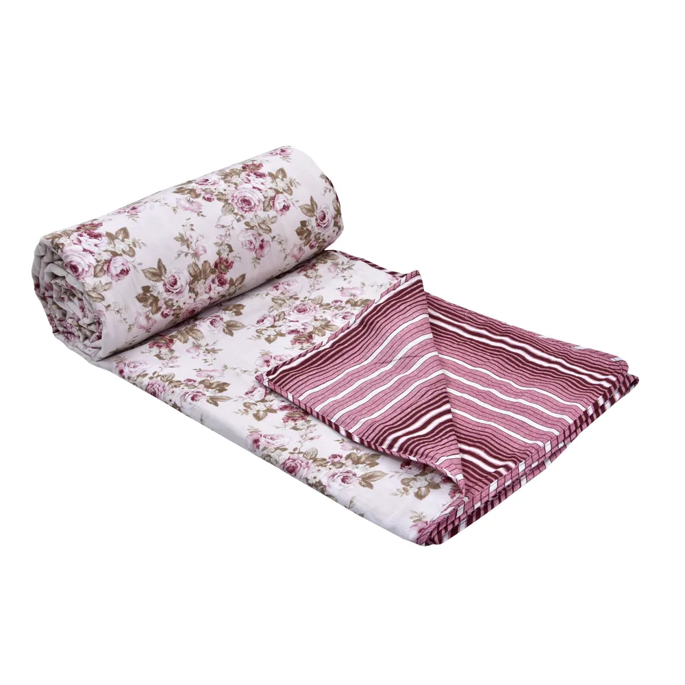 Jaipur Fabric Pink Flowers Pure Cotton Reversible Double Bed Summer Blanket