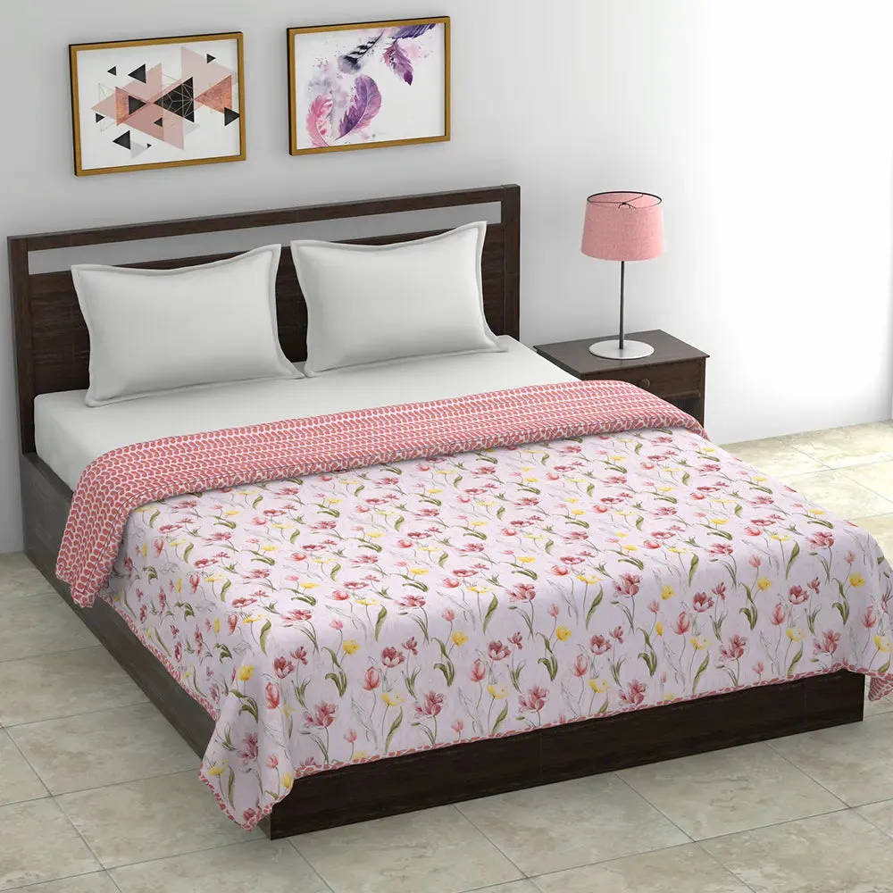 Jaipur Fabric Pink Sweet Flowers Pure Cotton Reversible Double Bed Summer Blanket
