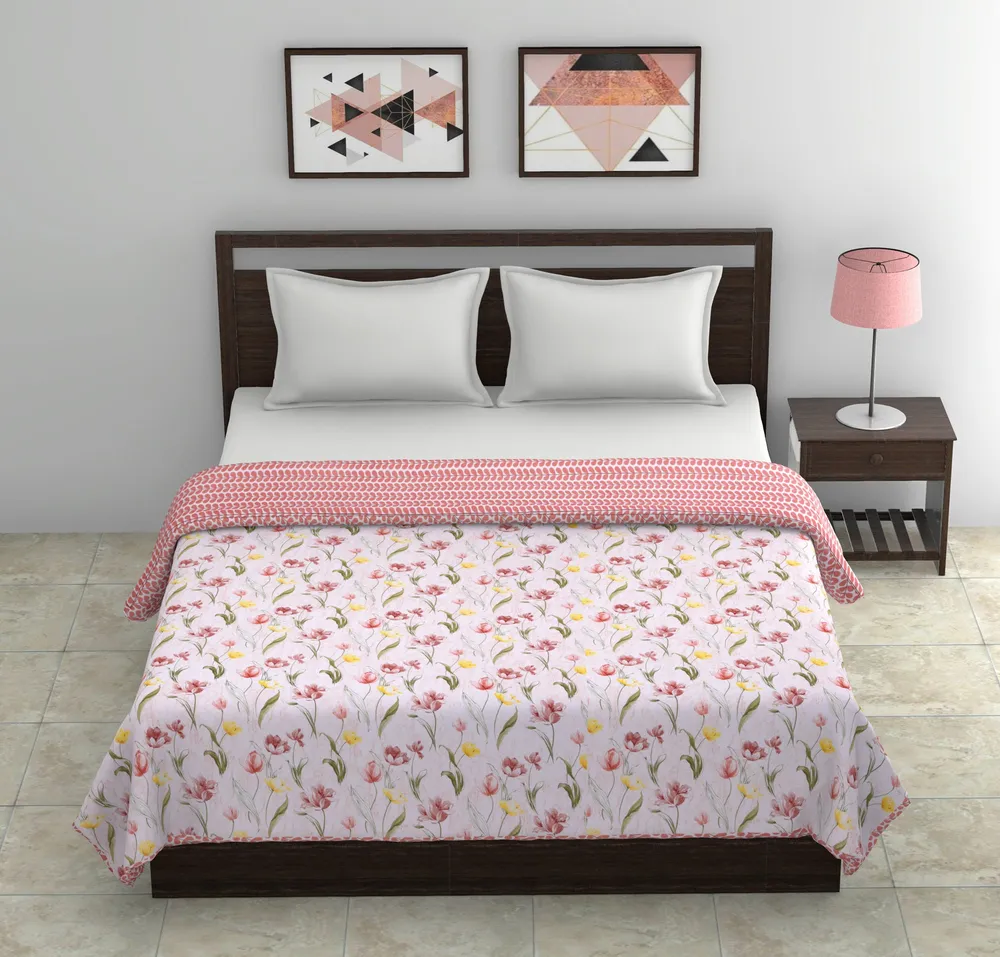 Jaipur Fabric Pink Sweet Flowers Pure Cotton Reversible Double Bed Summer Blanket