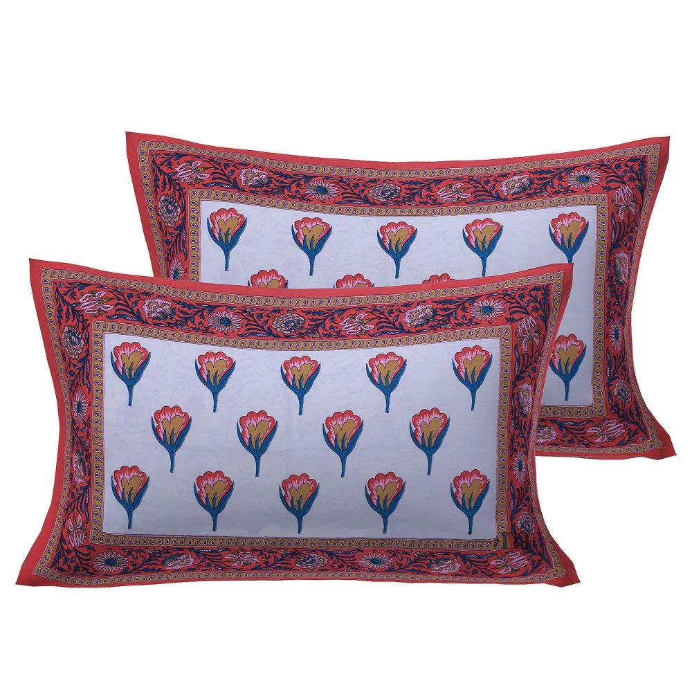 Jaipur Fabric Pink Tulip Cotton Double Bedsheet With Two Pillow Cover Yellow Blue