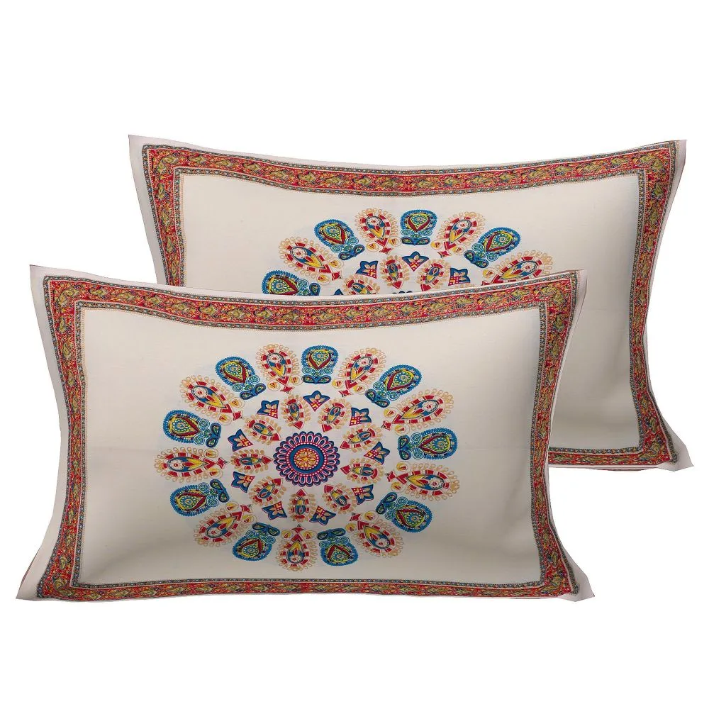 Jaipur Fabric Pink Tulip Cotton Double Bedsheet With Two Pillow Cover Yellow Blue