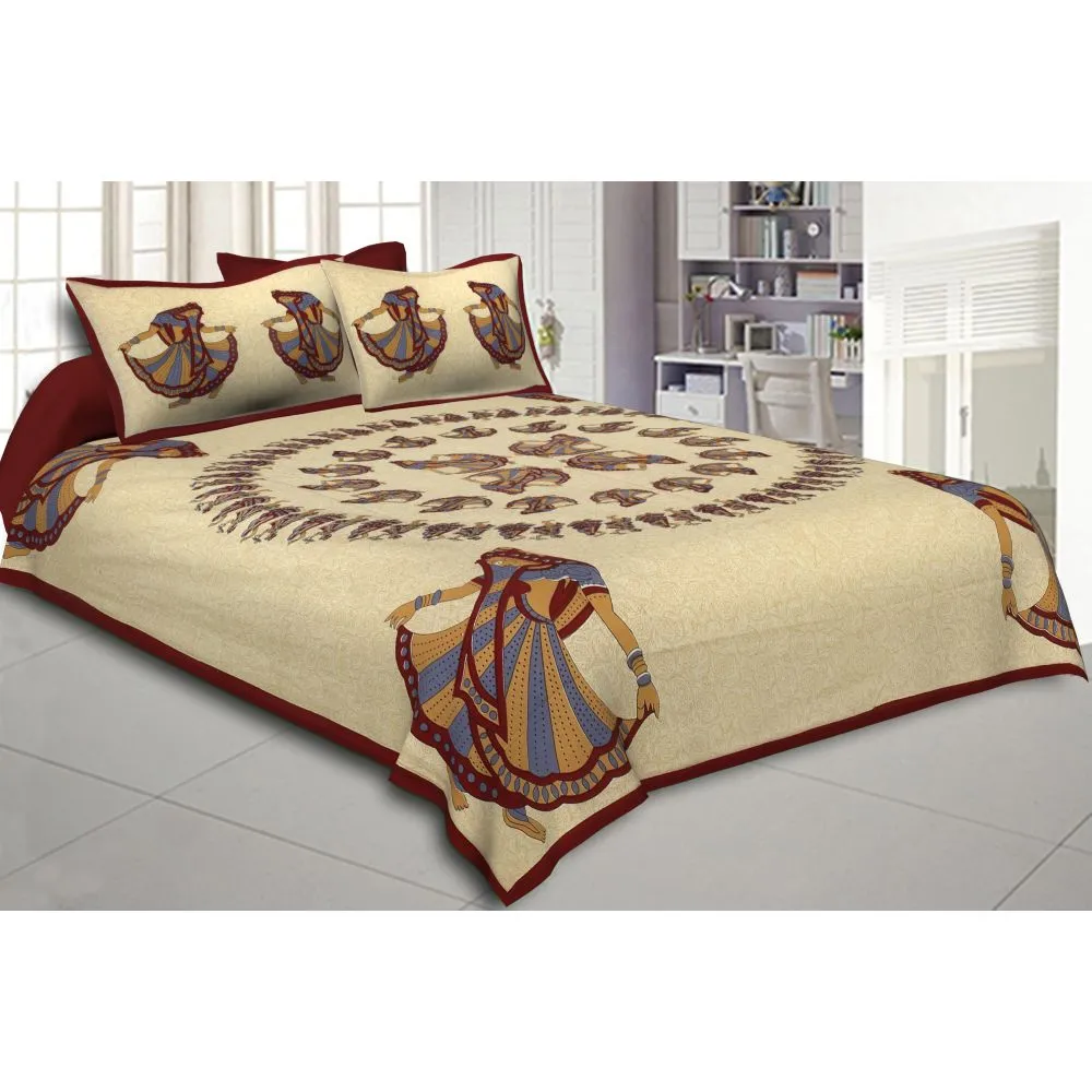Jaipur Fabric Rajasthani Gujri Dance Pattern Maroon Bordered Cotton Double Bedsheet