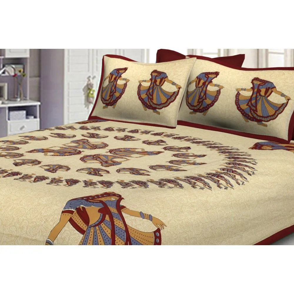 Jaipur Fabric Rajasthani Gujri Dance Pattern Maroon Bordered Cotton Double Bedsheet