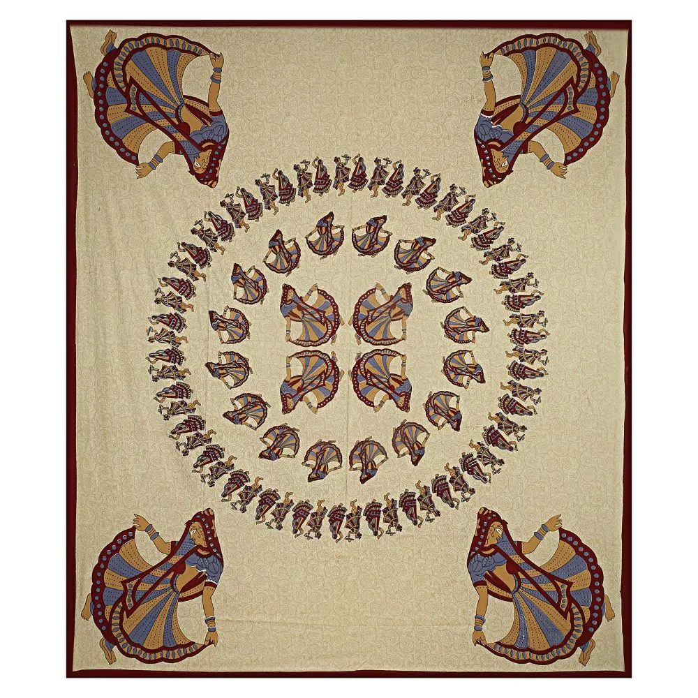 Jaipur Fabric Rajasthani Gujri Dance Pattern Maroon Bordered Cotton Double Bedsheet