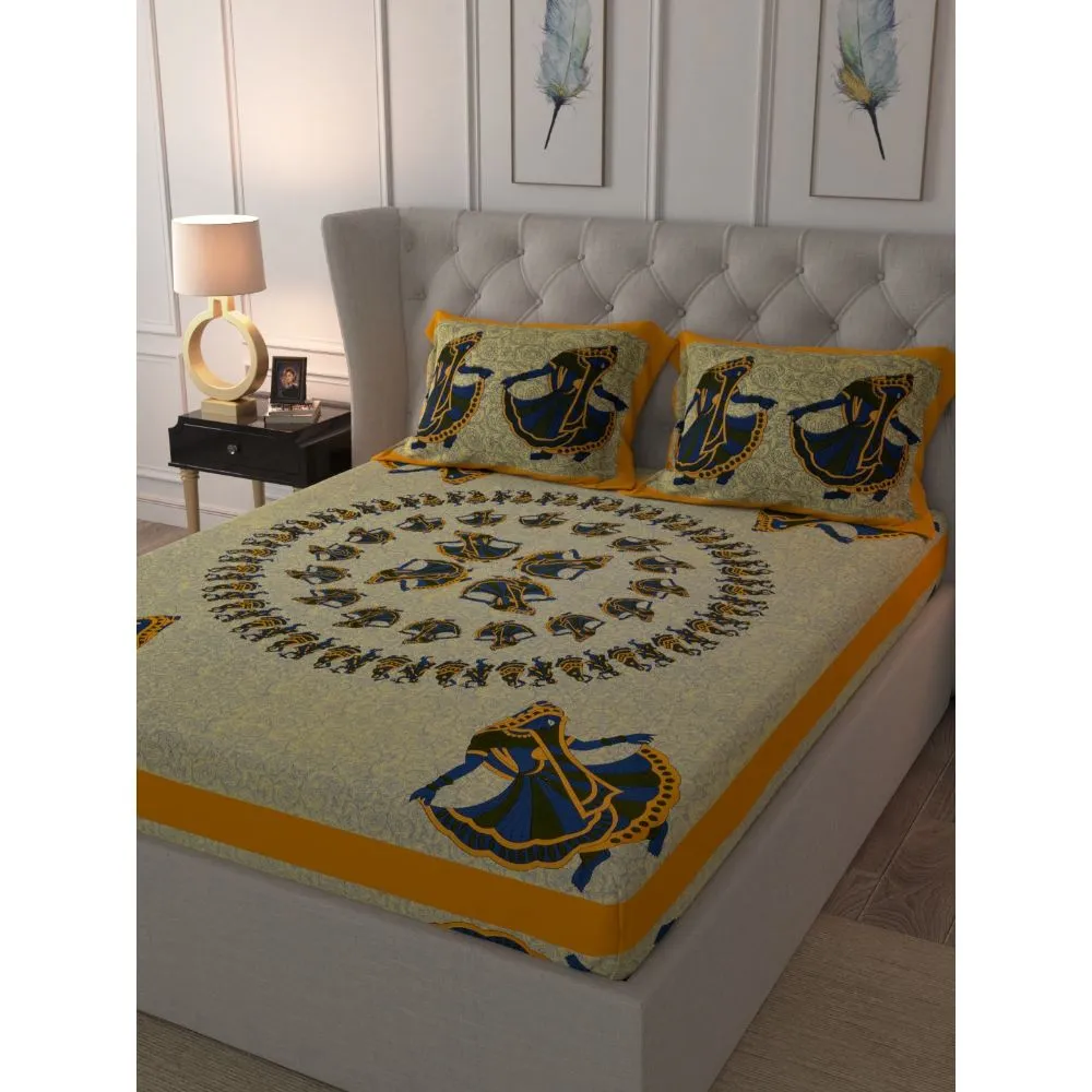 Jaipur Fabric Rajasthani Gujri Dance Pattern Yellow Bordered Cotton Double Bedsheet