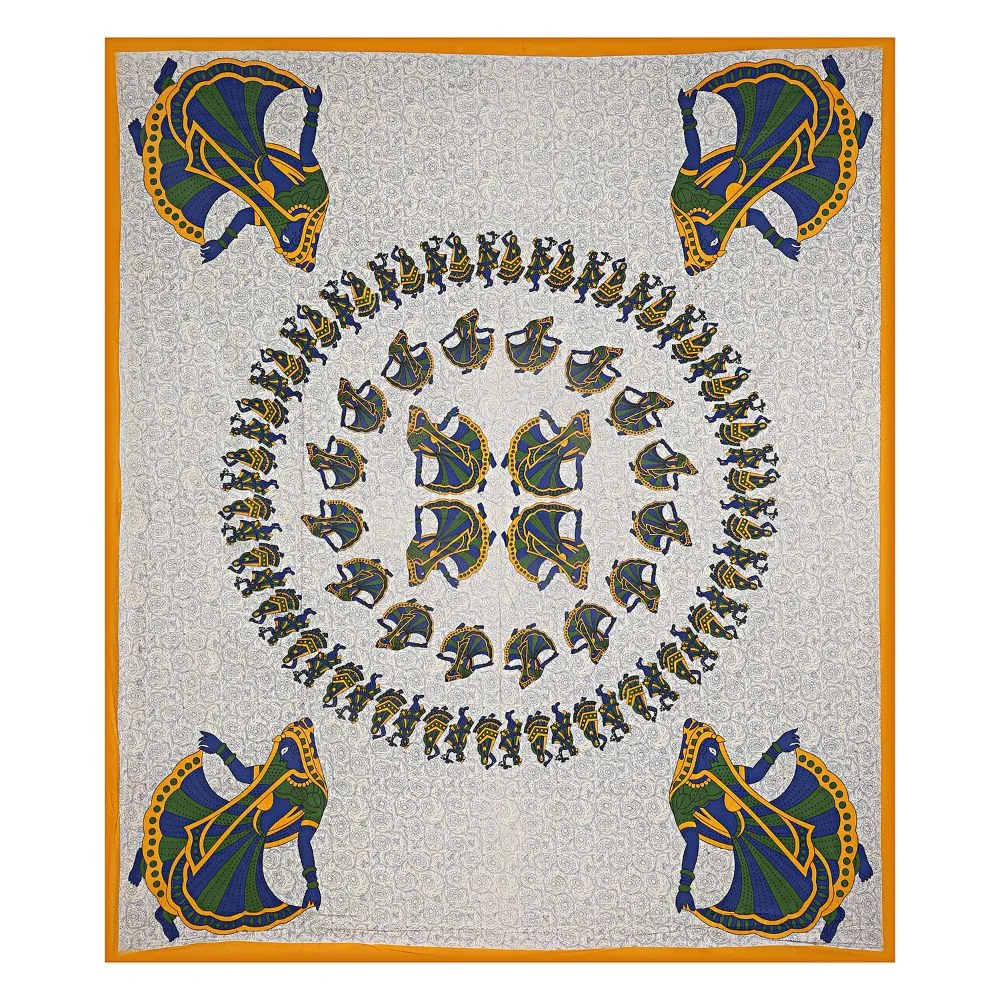 Jaipur Fabric Rajasthani Gujri Dance Pattern Yellow Bordered Cotton Double Bedsheet