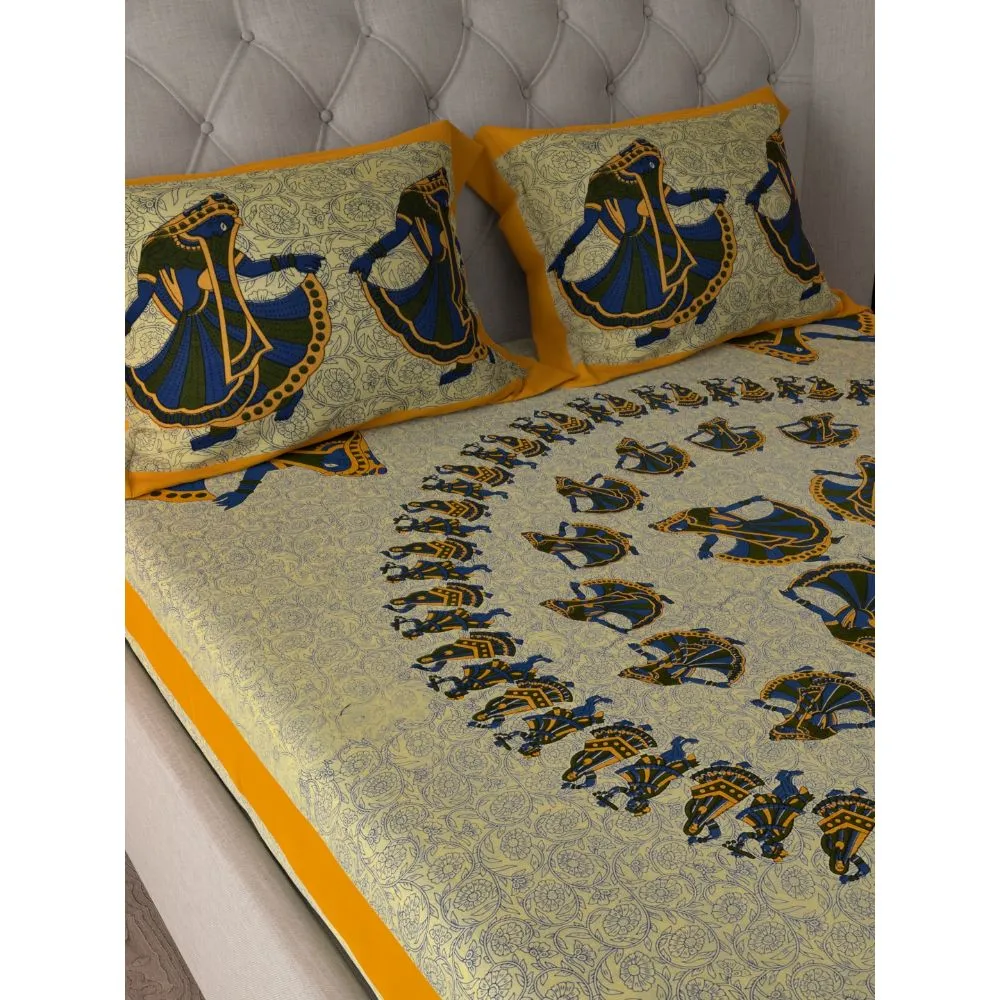 Jaipur Fabric Rajasthani Gujri Dance Pattern Yellow Bordered Cotton Double Bedsheet