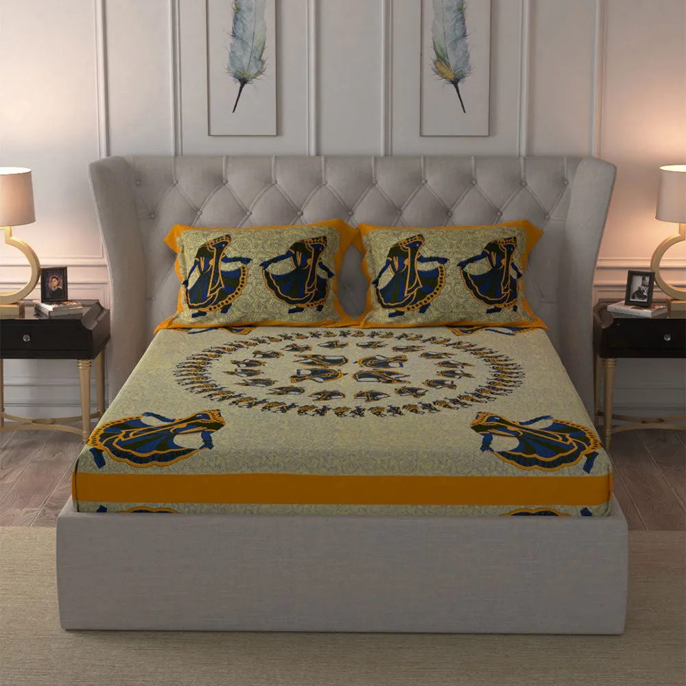 Jaipur Fabric Rajasthani Gujri Dance Pattern Yellow Bordered Cotton Double Bedsheet