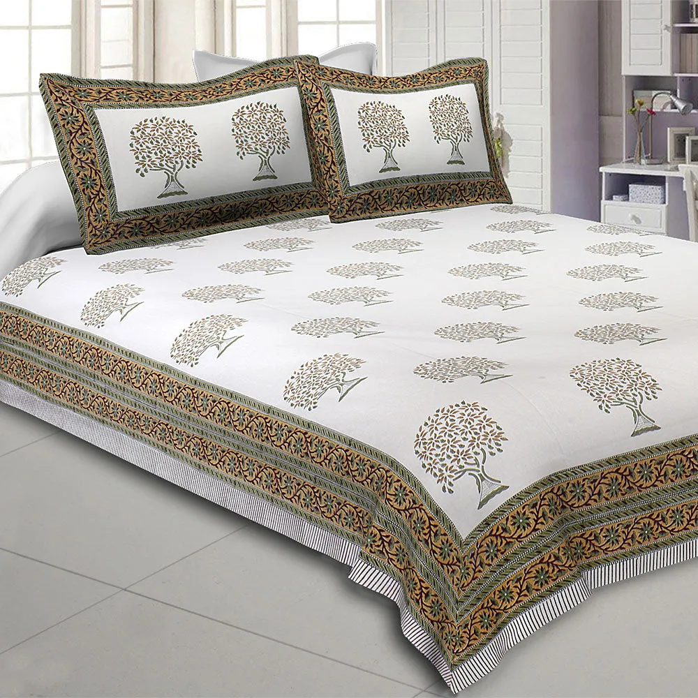 Jaipur Fabric Sacred Banyan Tree Pink Hand Block Print Cotton Double Bedsheet Pink