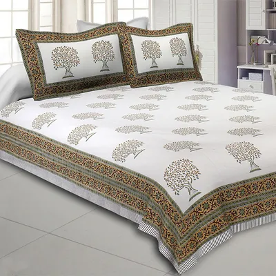 Jaipur Fabric Sacred Banyan Tree Pink Hand Block Print Cotton Double Bedsheet