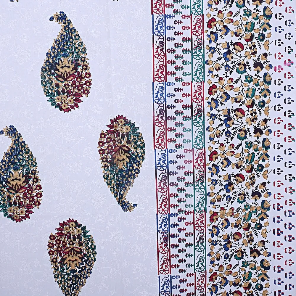 Jaipur Fabric White Colorful Paisley Satrang King Size Double Bedsheet