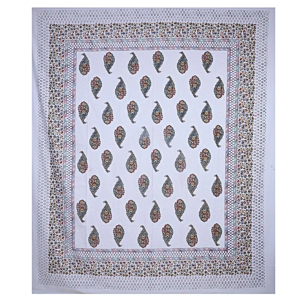 Jaipur Fabric White Colorful Paisley Satrang King Size Double Bedsheet