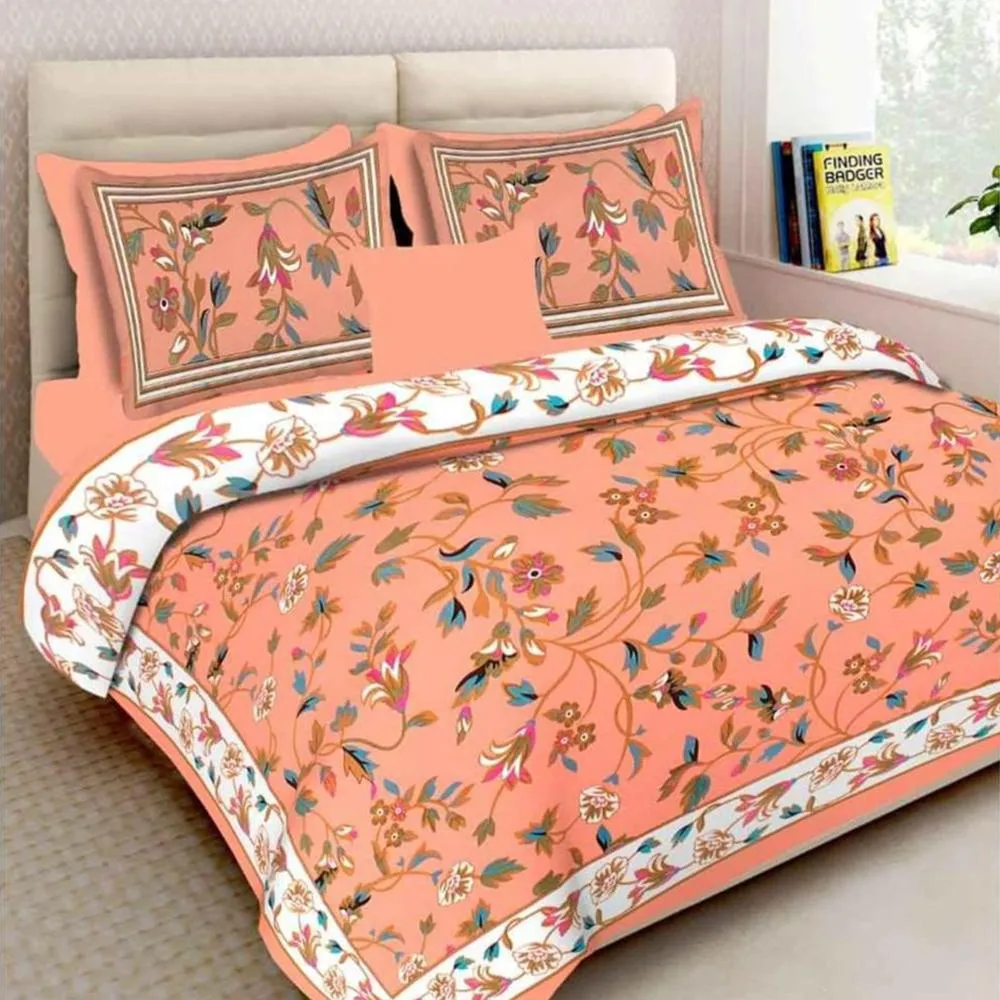 Jaipuri Blooming Vines Printed Double Bedsheet with Pillow Covers