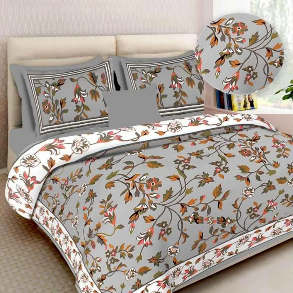 Jaipuri Blooming Vines Printed Double Bedsheet with Pillow Covers