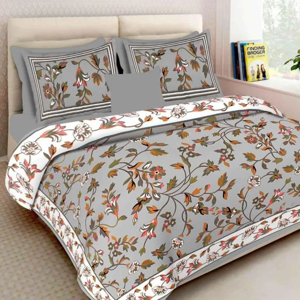 Jaipuri Blooming Vines Printed Double Bedsheet with Pillow Covers