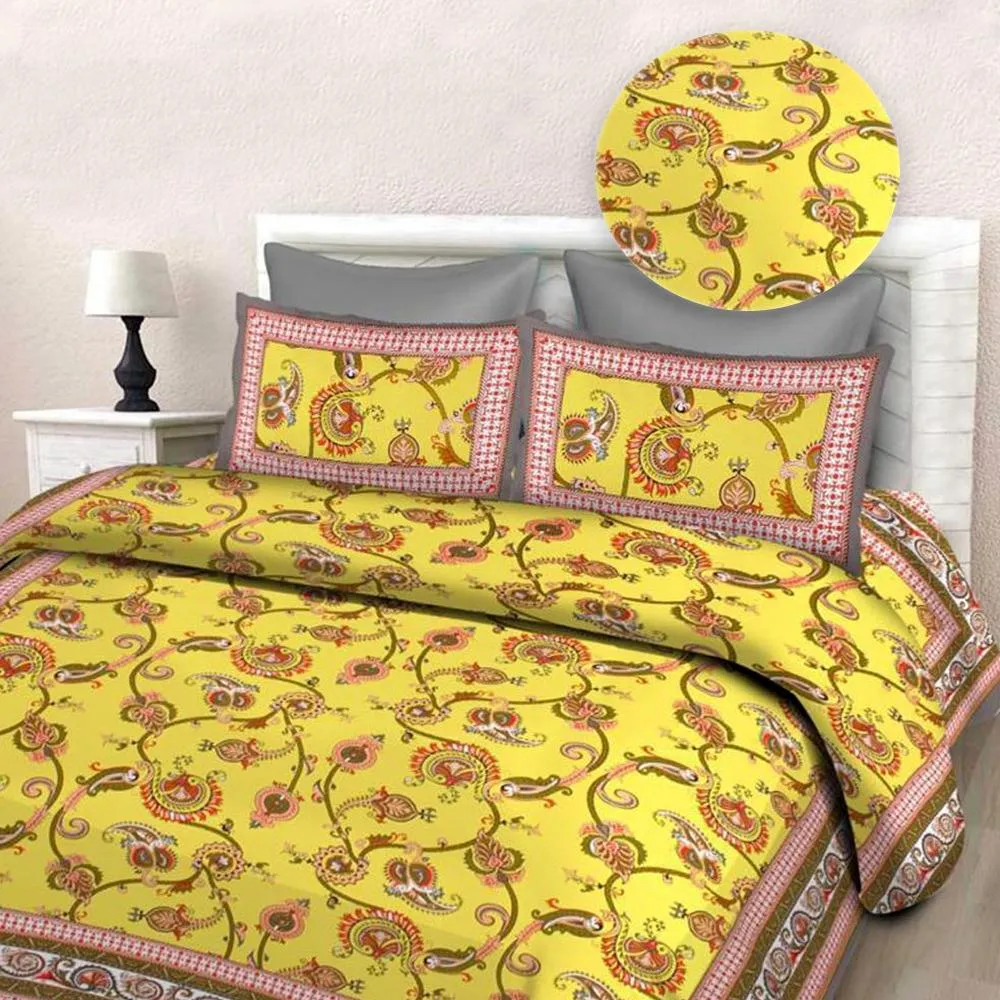 Jaipuri Blooming Vines Printed Double Bedsheet with Pillow Covers
