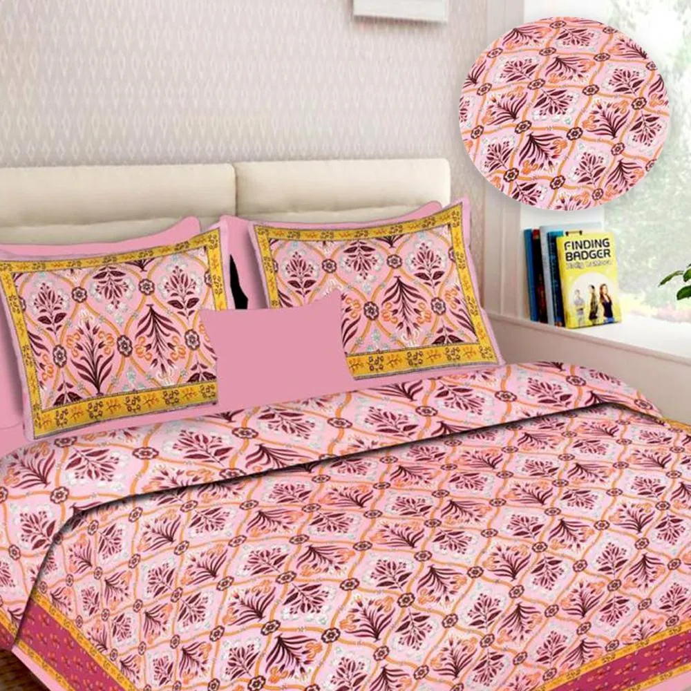 Jaipuri Blooming Vines Printed Double Bedsheet with Pillow Covers