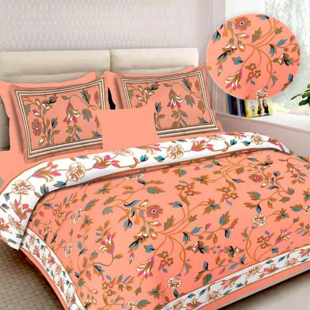 Jaipuri Blooming Vines Printed Double Bedsheet with Pillow Covers