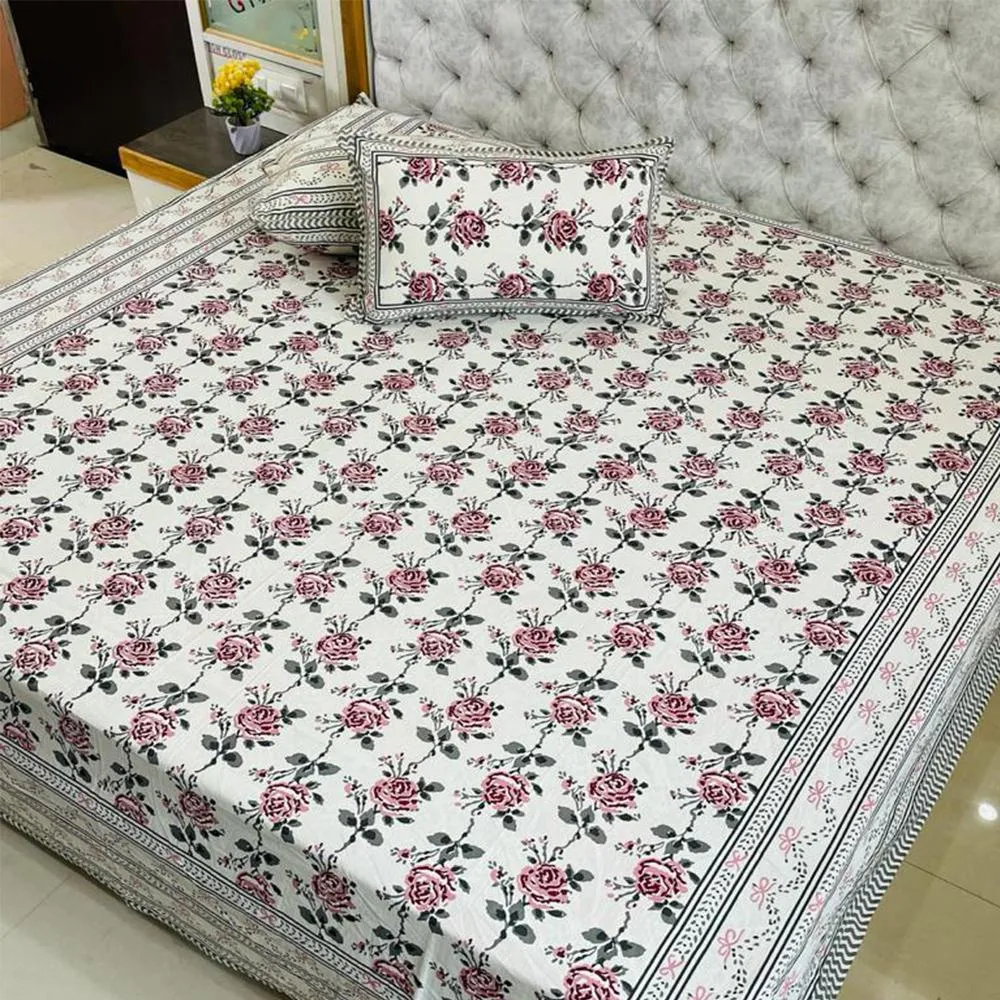 Jaipuri Rose Flower Printed Double Bedsheet with Pillow Covers