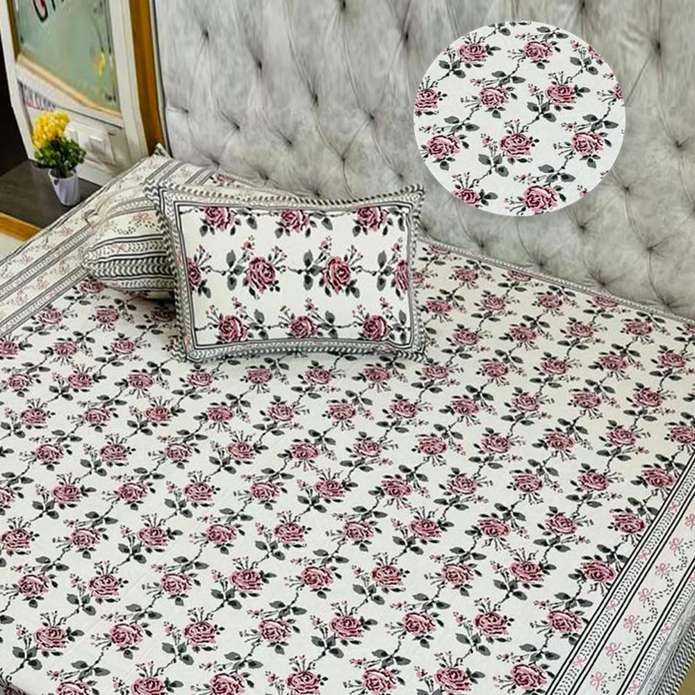 Jaipuri Rose Flower Printed Double Bedsheet with Pillow Covers