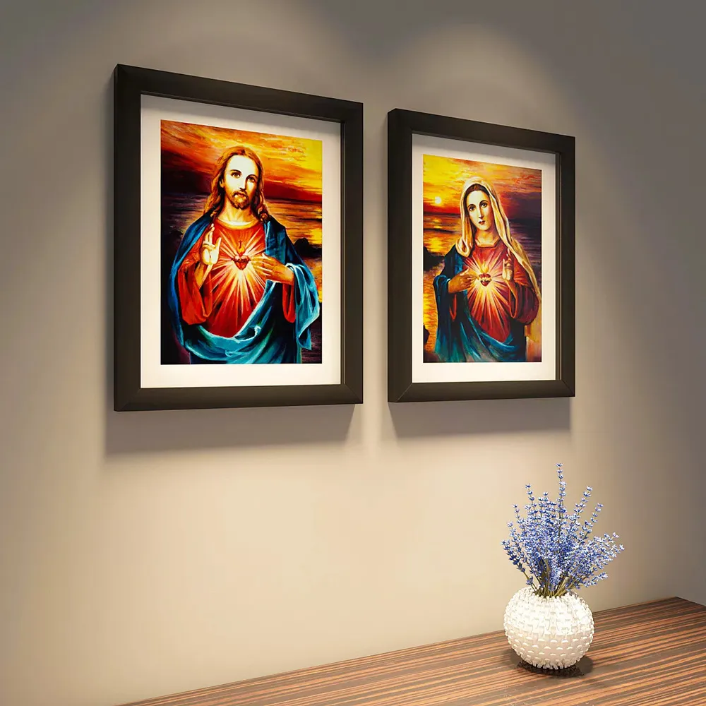 Jesus Christ And Mary With Heart Framed Set of 2 / Break Resistant Clear Acrylic Glass / 61 cm x 30 cm