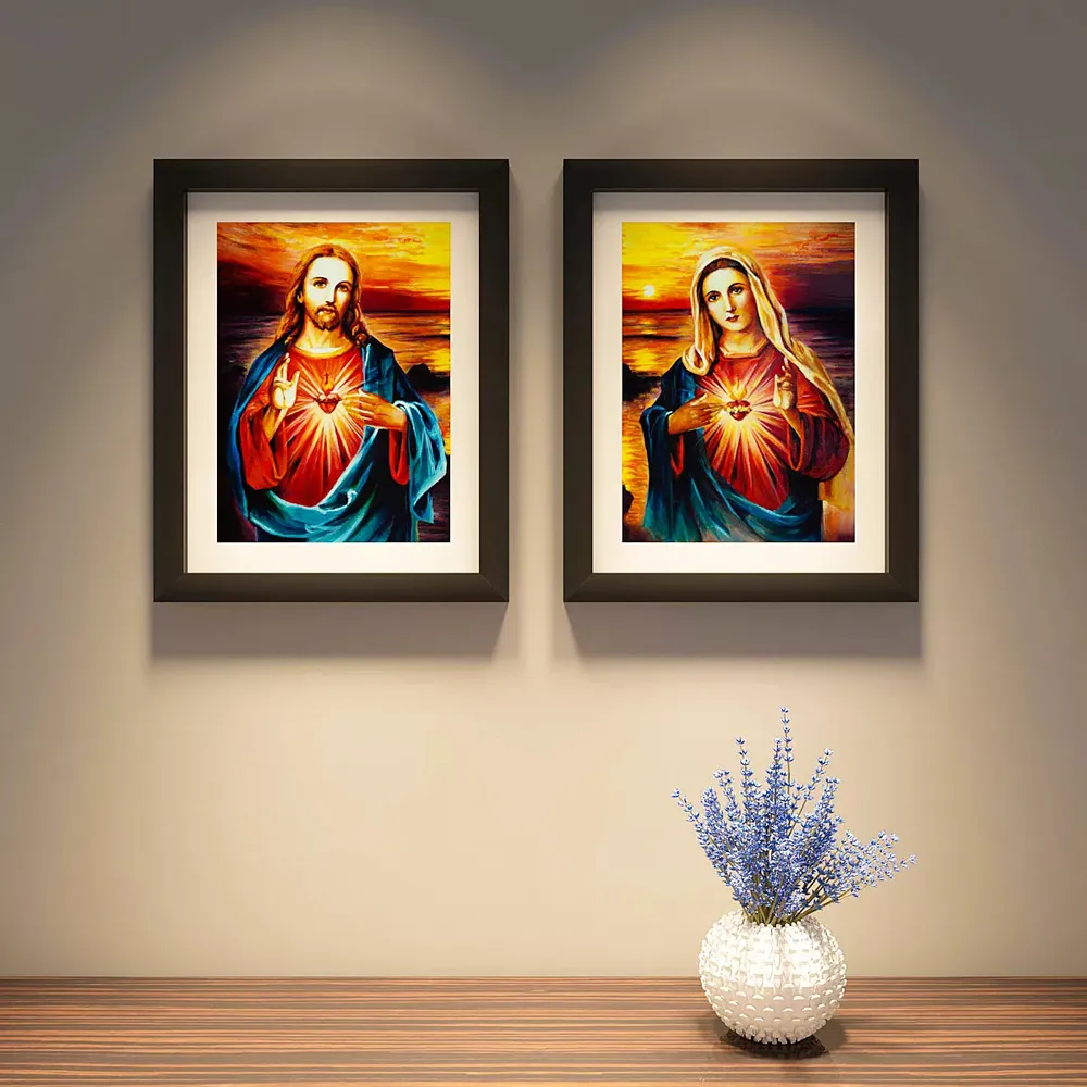 Jesus Christ And Mary With Heart Framed Set of 2 / Break Resistant Clear Acrylic Glass / 61 cm x 30 cm