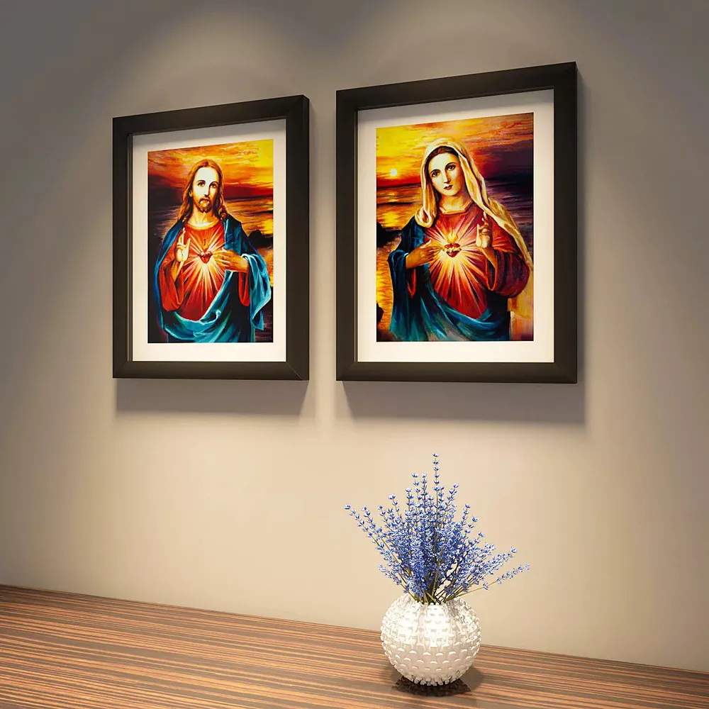 Jesus Christ And Mary With Heart Framed Set of 2 / Break Resistant Clear Acrylic Glass / 61 cm x 30 cm