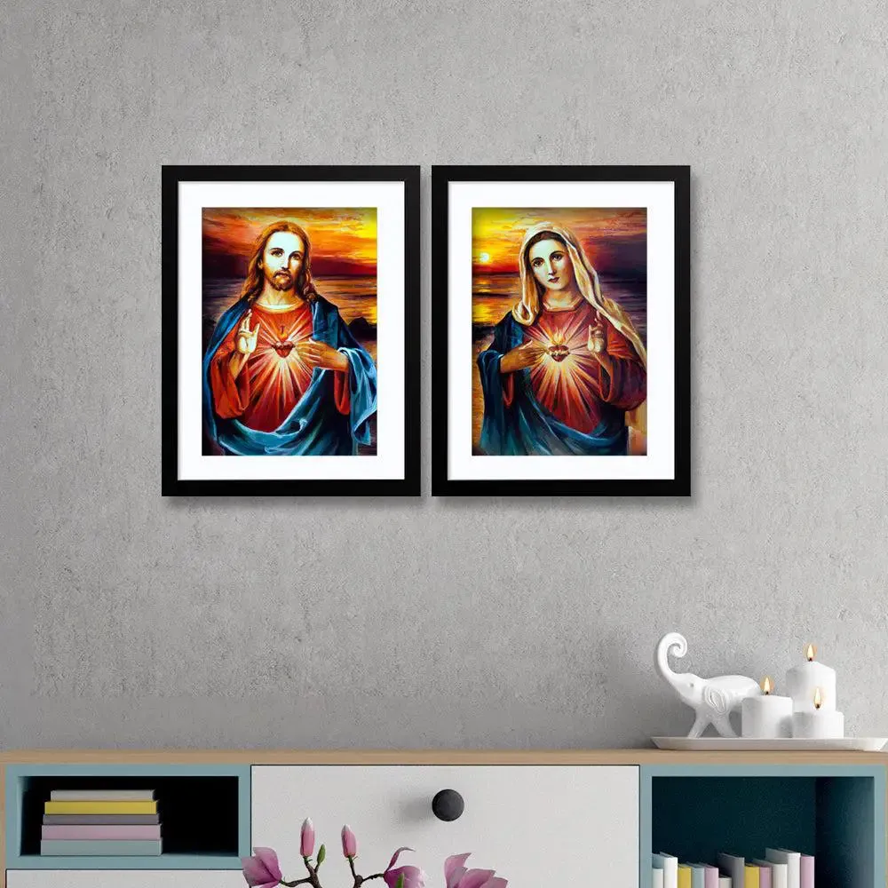 Jesus Christ And Mary With Heart Framed Set of 2 / Break Resistant Clear Acrylic Glass / 61 cm x 30 cm