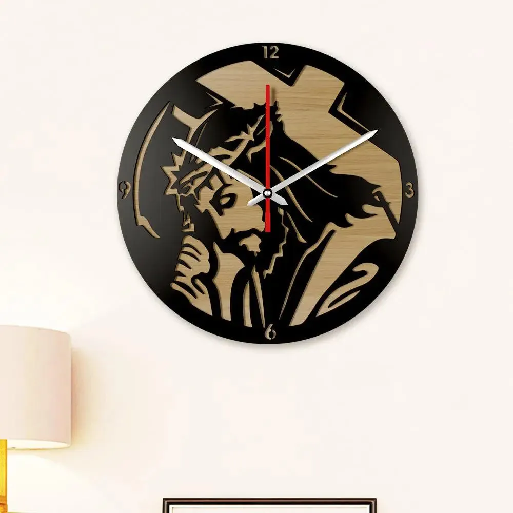 Jesus With Cross  Dual Layer Wooden Wall Clock