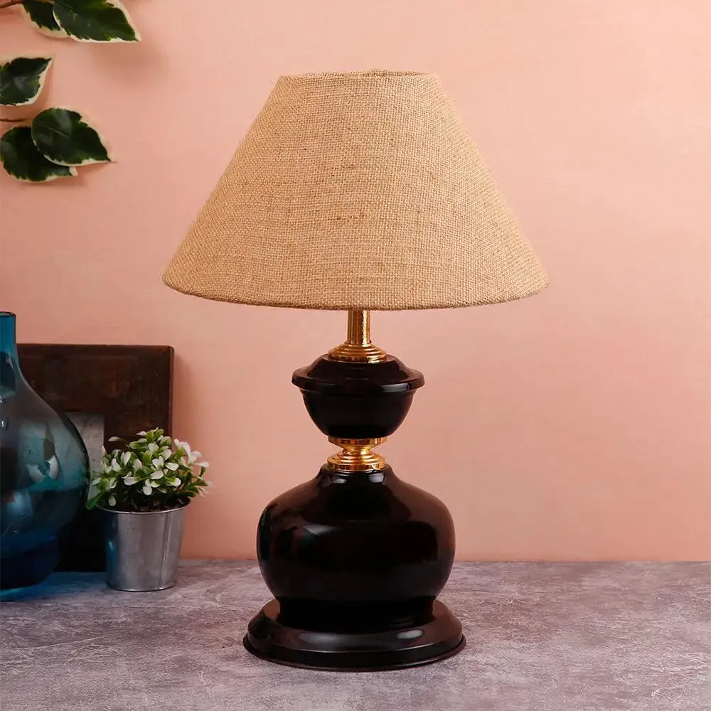 Jute Beige Table Lamp with Solid Black Base Single Piece