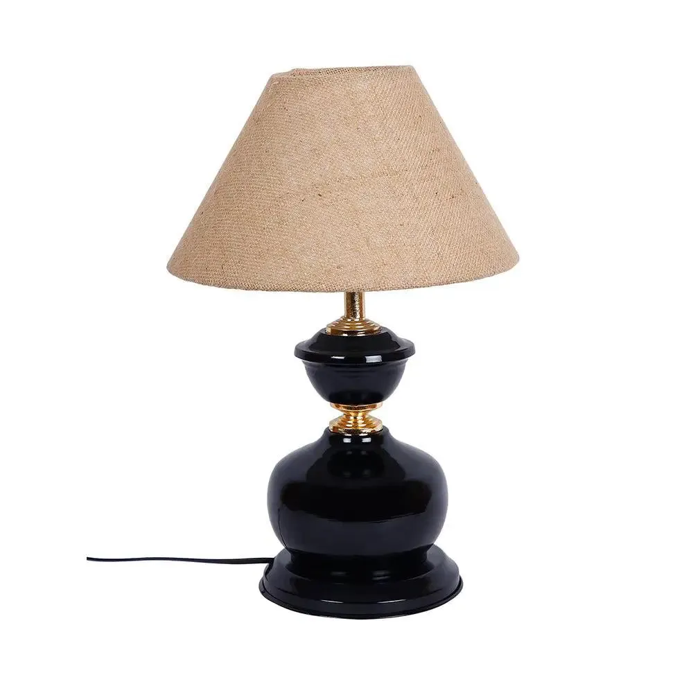 Jute Beige Table Lamp with Solid Black Base Single Piece