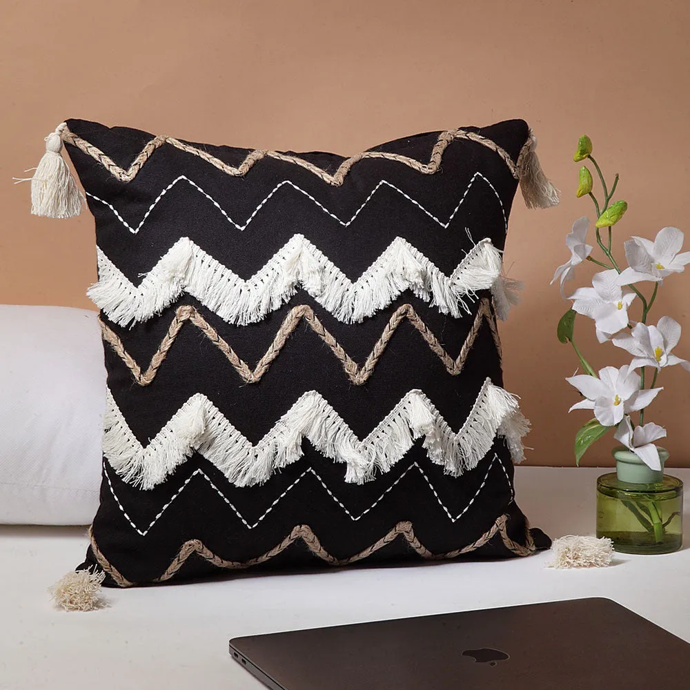 Kantha Embroidered and Fringed Black 100% Cotton Cushion Cover Set Of 1