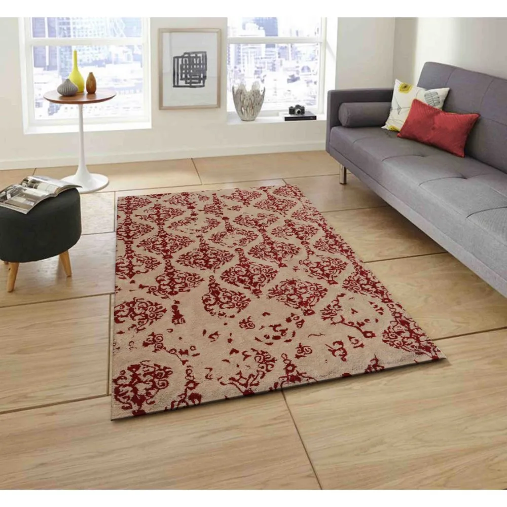 Kashmiri Motif Abstract Red & Beige Tufted Area Carpet 3X5ft
