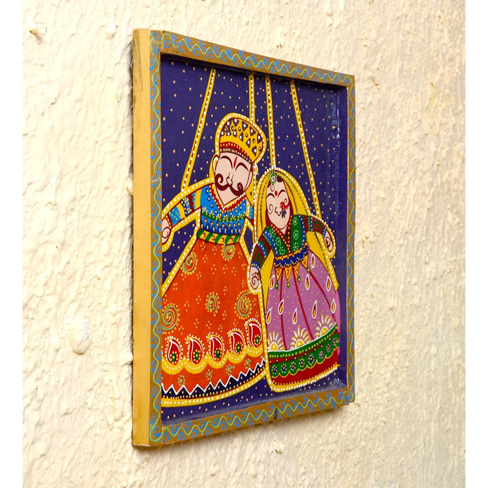 Kathputli King & Queen Traditional Art Painted Wooden Wall Panel