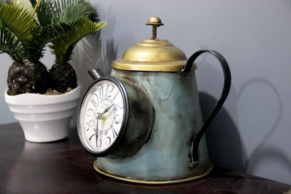 Kettle Inspired Green Table Clock with Golden Lid