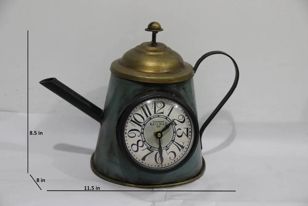 Kettle Inspired Green Table Clock with Golden Lid
