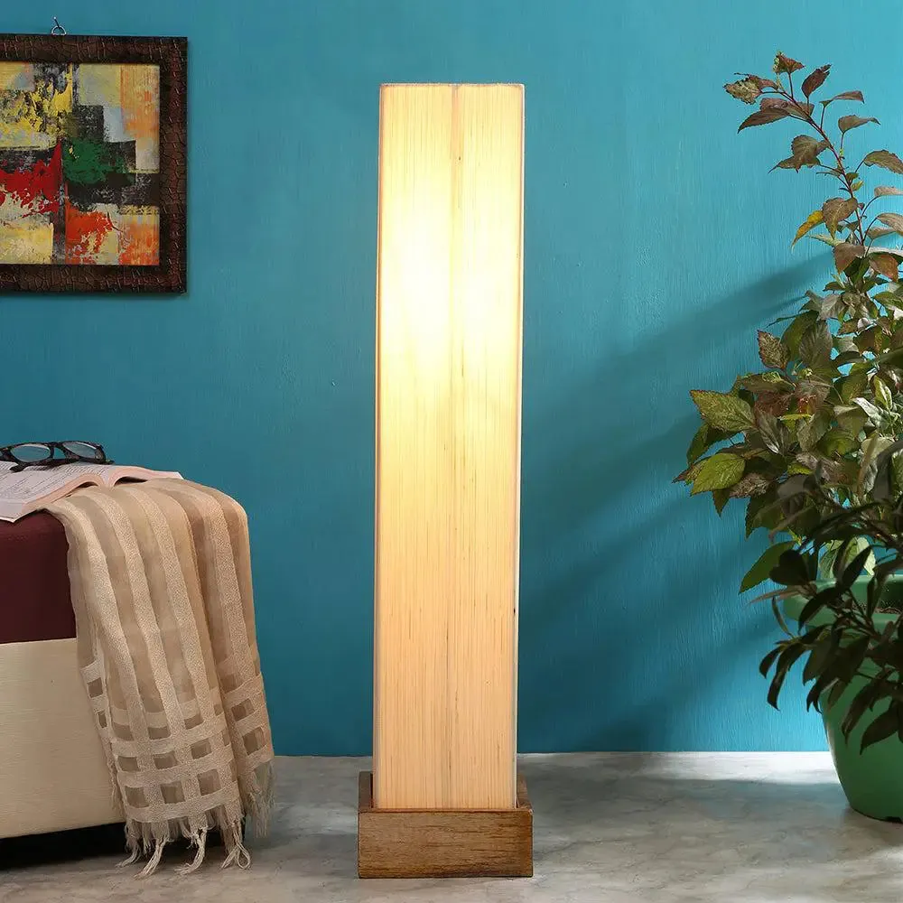 Khadi Cotton Square Natural Wood Floor Lamp
