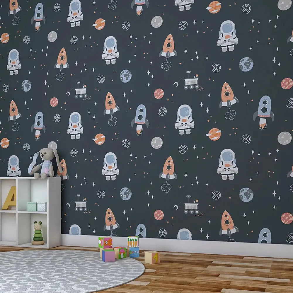 Kids Grey Space Theme Self Adhesive Wallpaper