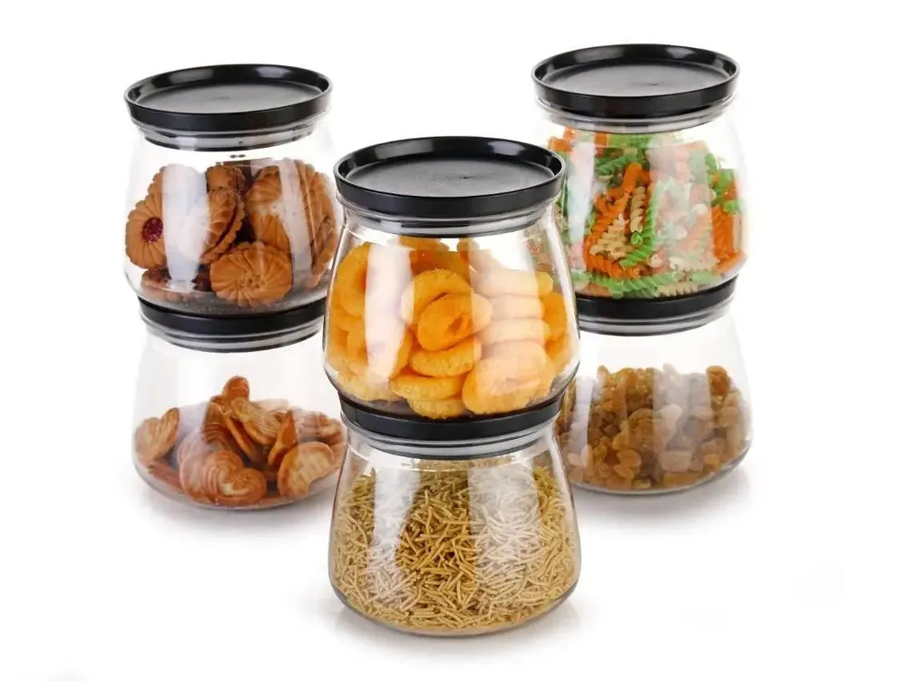 Kitchen Storage Container With Airtight Black Metal Lid Set Of 6 (800 ml)