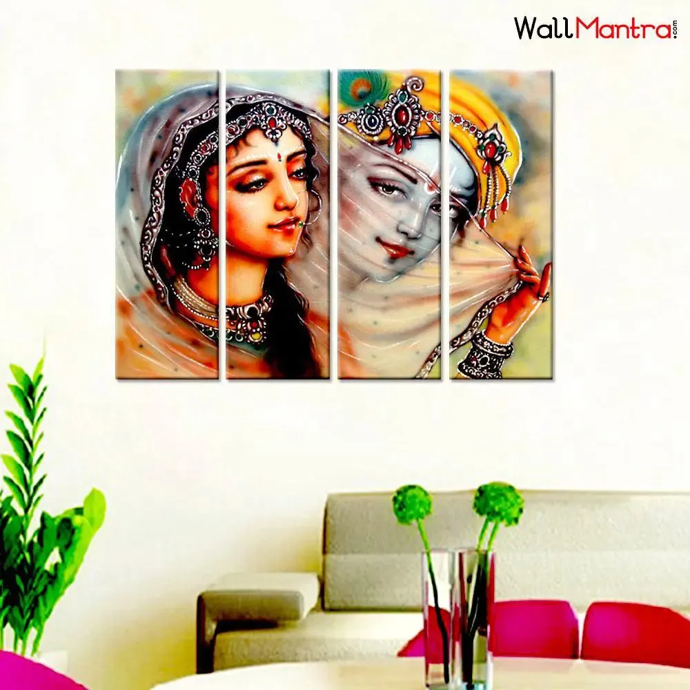 Krishna Meerbai Eternal Love Indian Pieces Wall Painting Framed on Wood