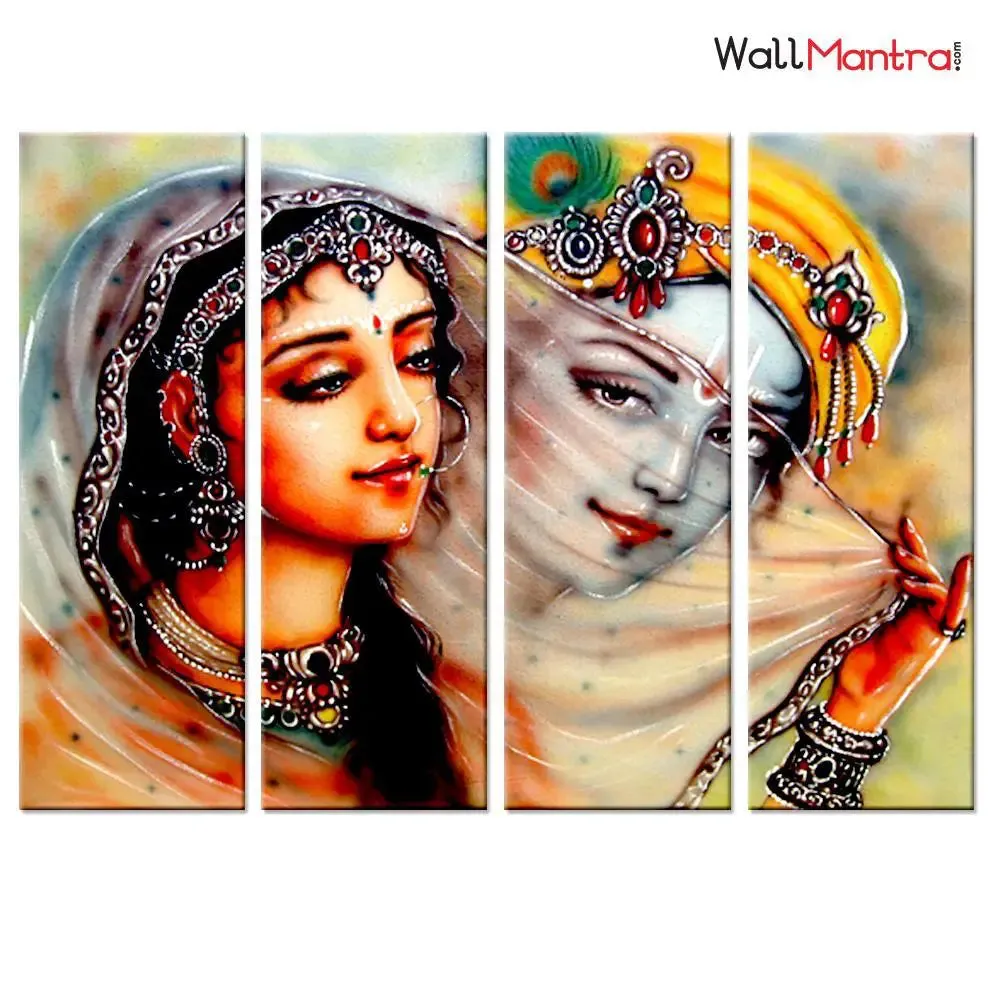 Krishna Meerbai Eternal Love Indian Pieces Wall Painting Framed on Wood
