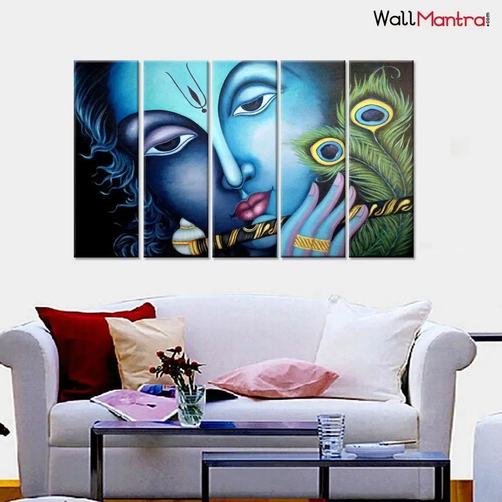 Krishna With Flute Wall Painting In Multiple Framed Canvas