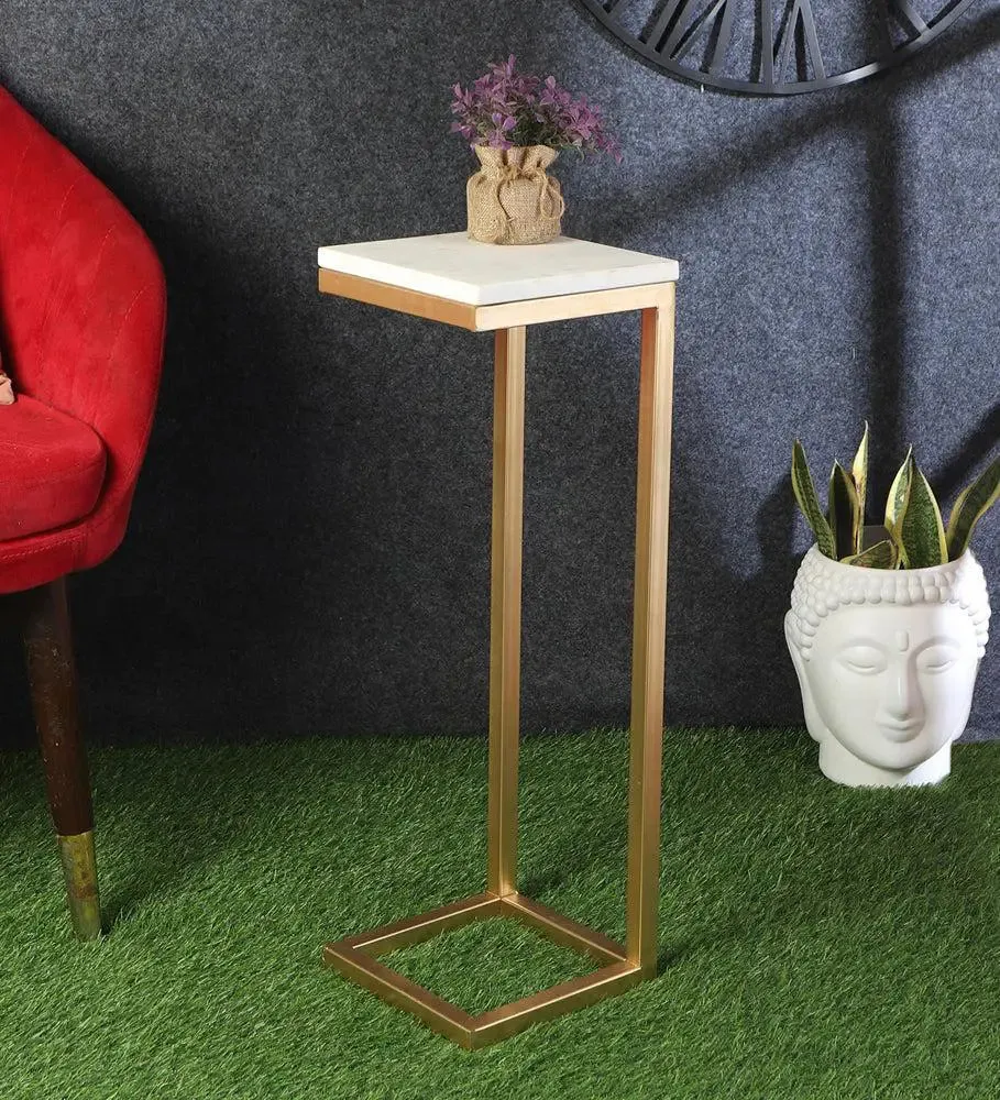 L-shape Premium Metal & Marble Side Table for Living Room