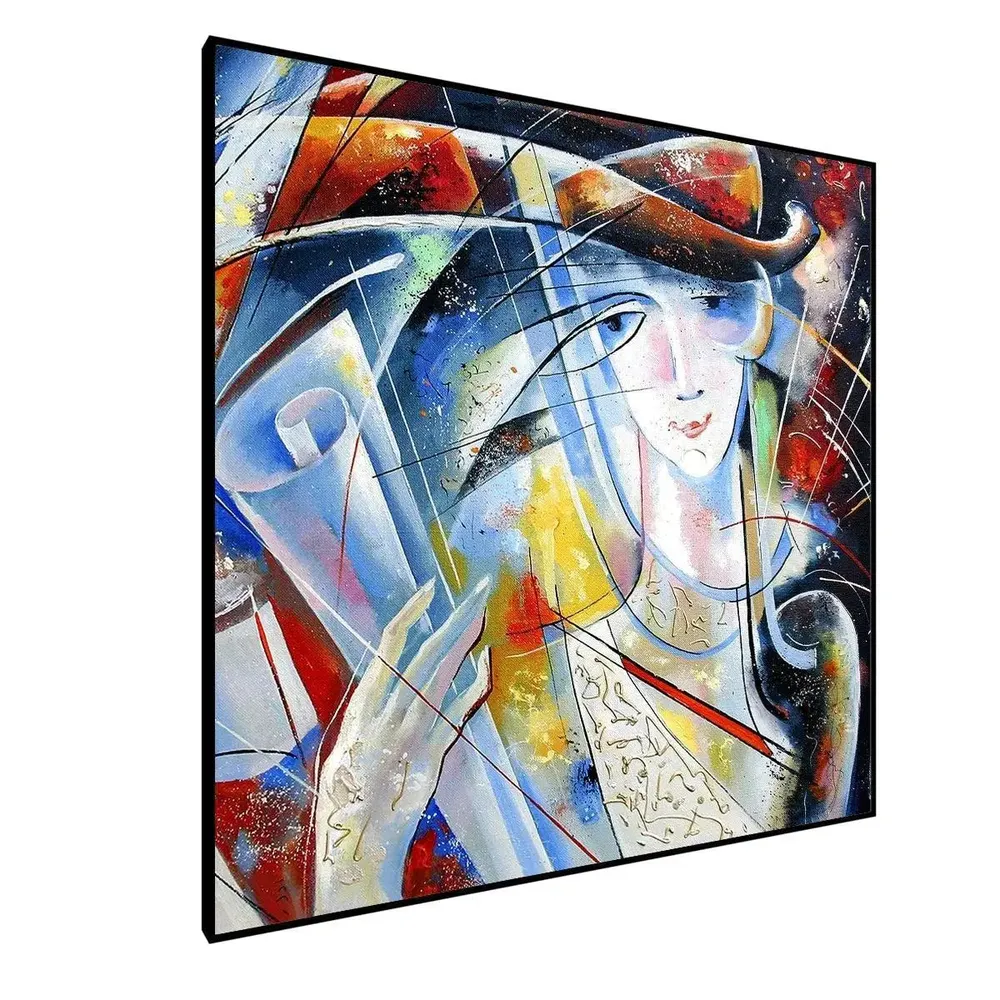 Lady with abstract designs Canvas Painting With Black Floating Frame Size: 57 cm (H) X 57 cm (W)
