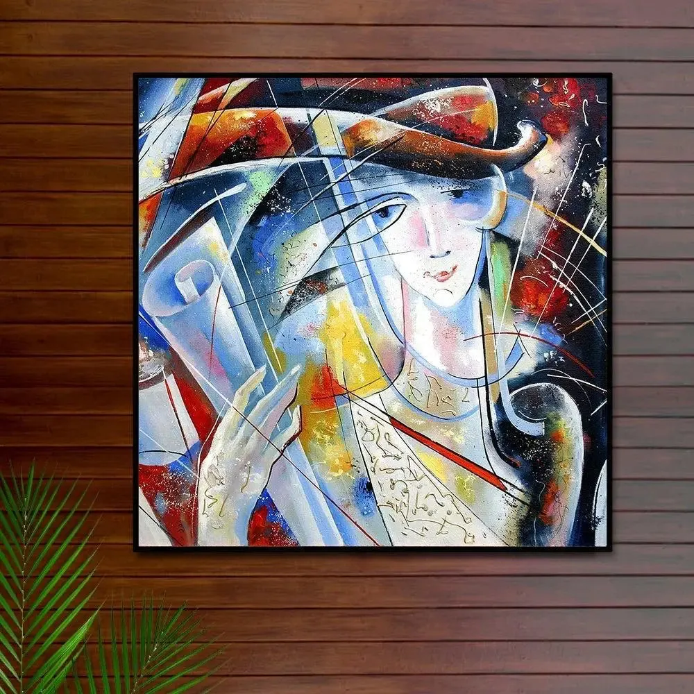 Lady with abstract designs Canvas Painting With Black Floating Frame Size: 57 cm (H) X 57 cm (W)